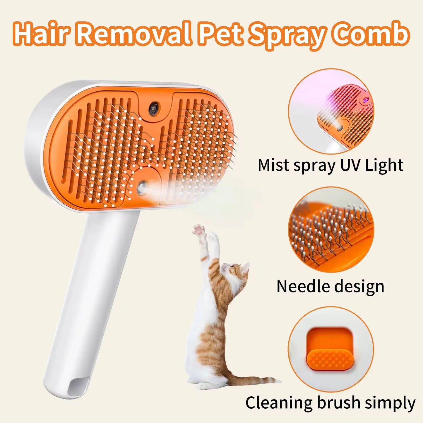 3-in-1 Steam Pet Grooming Brush - Self-Cleaning Spray Comb for De-Shedding and Fur Removal for Cats and Dogs