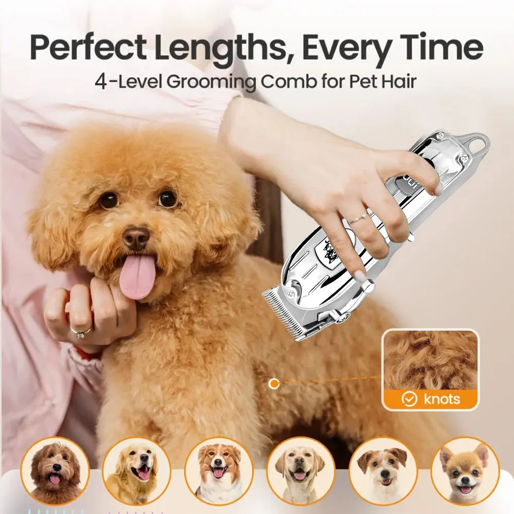 LQT Professional Low-Noise Pet Clippers - Silver Edition, 55dB Quiet Trimmers for Dogs with LED Display, USB Rechargeable, Stainless Steel Blades, Adjustable Length, and 4 Guide Combs