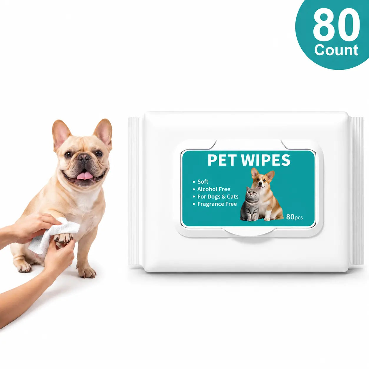 80 Count Fragrance-Free Pet Grooming Wipes for Dogs and Cats - Deodorizing No-Rinse Bath Wipes for Paws, Fur, Body, and Daily Care