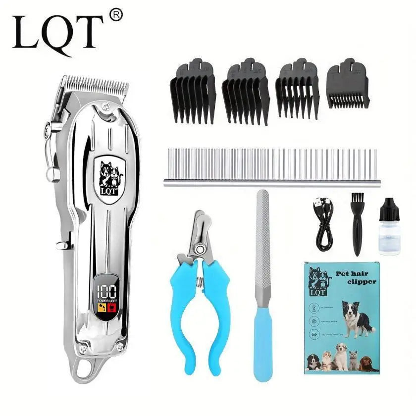 LQT Professional Low-Noise Pet Clippers - Silver Edition, 55dB Quiet Trimmers for Dogs with LED Display, USB Rechargeable, Stainless Steel Blades, Adjustable Length, and 4 Guide Combs
