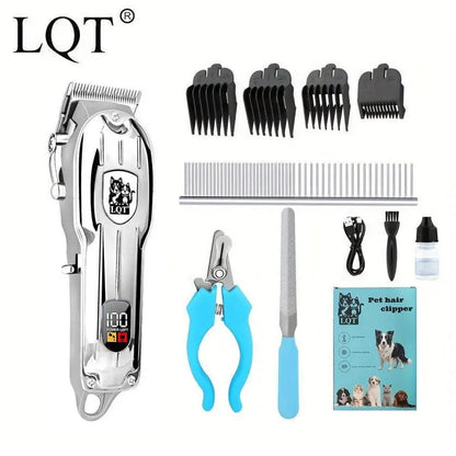 LQT Professional Low-Noise Pet Clippers - Silver Edition, 55dB Quiet Trimmers for Dogs with LED Display, USB Rechargeable, Stainless Steel Blades, Adjustable Length, and 4 Guide Combs