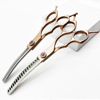 Wingsbro 7-Inch Professional Pet Grooming Scissors, Rose Gold Curved Thinning Shears for Groomers and Home Use