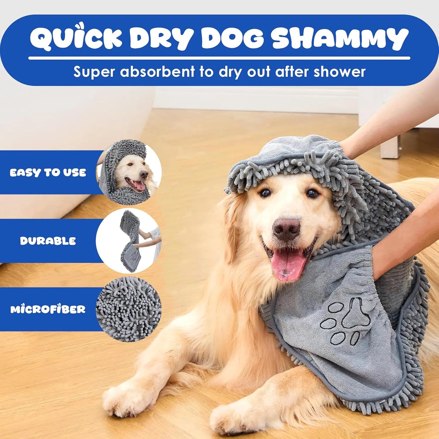 Microfiber Quick-Drying Absorbent Dog Towel with Hand Pockets - Machine Washable, Suitable for Medium to Large Dogs (30 x 13 inches)
