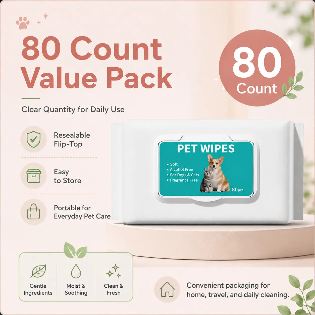 80 Count Fragrance-Free Pet Grooming Wipes for Dogs and Cats - Deodorizing No-Rinse Bath Wipes for Paws, Fur, Body, and Daily Care