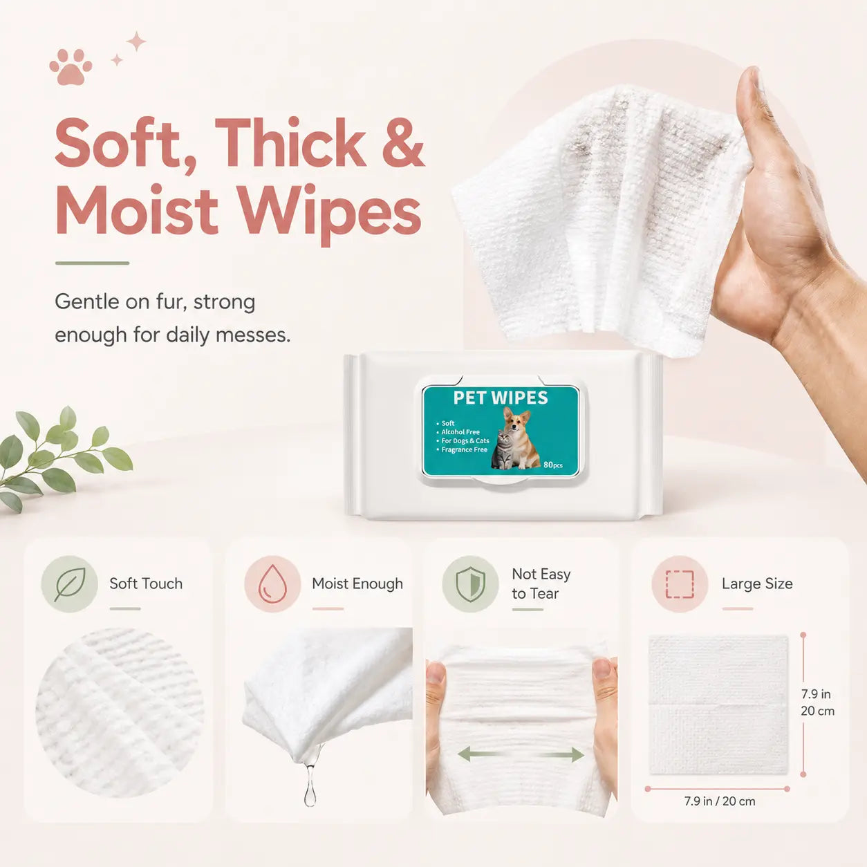 80 Count Fragrance-Free Pet Grooming Wipes for Dogs and Cats - Deodorizing No-Rinse Bath Wipes for Paws, Fur, Body, and Daily Care